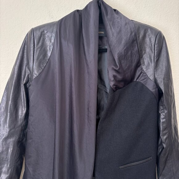 Leather Accented Satin Draped Mixed Media Modern Jacket - Picture 2 of 11